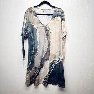 Women's Water Print V-Neck Short Sleeve Tunic Dress Sz Large Art to Wear Stretch
